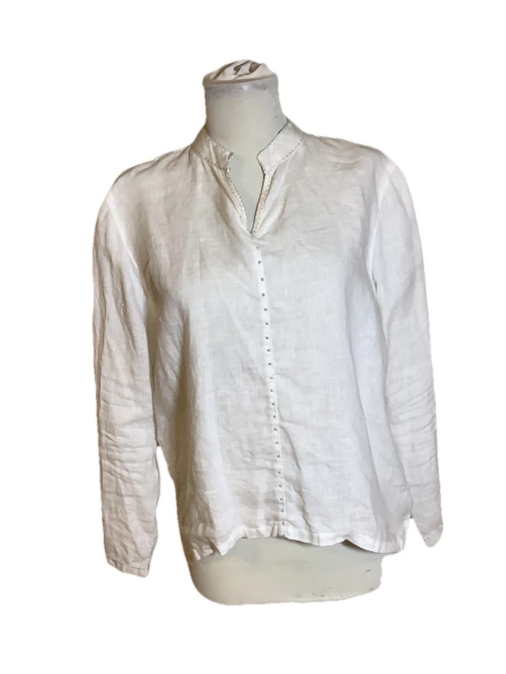 Karyn Seo Handmade Pullover Linen Shirt SZ S Accent Embroidered Stitchs
